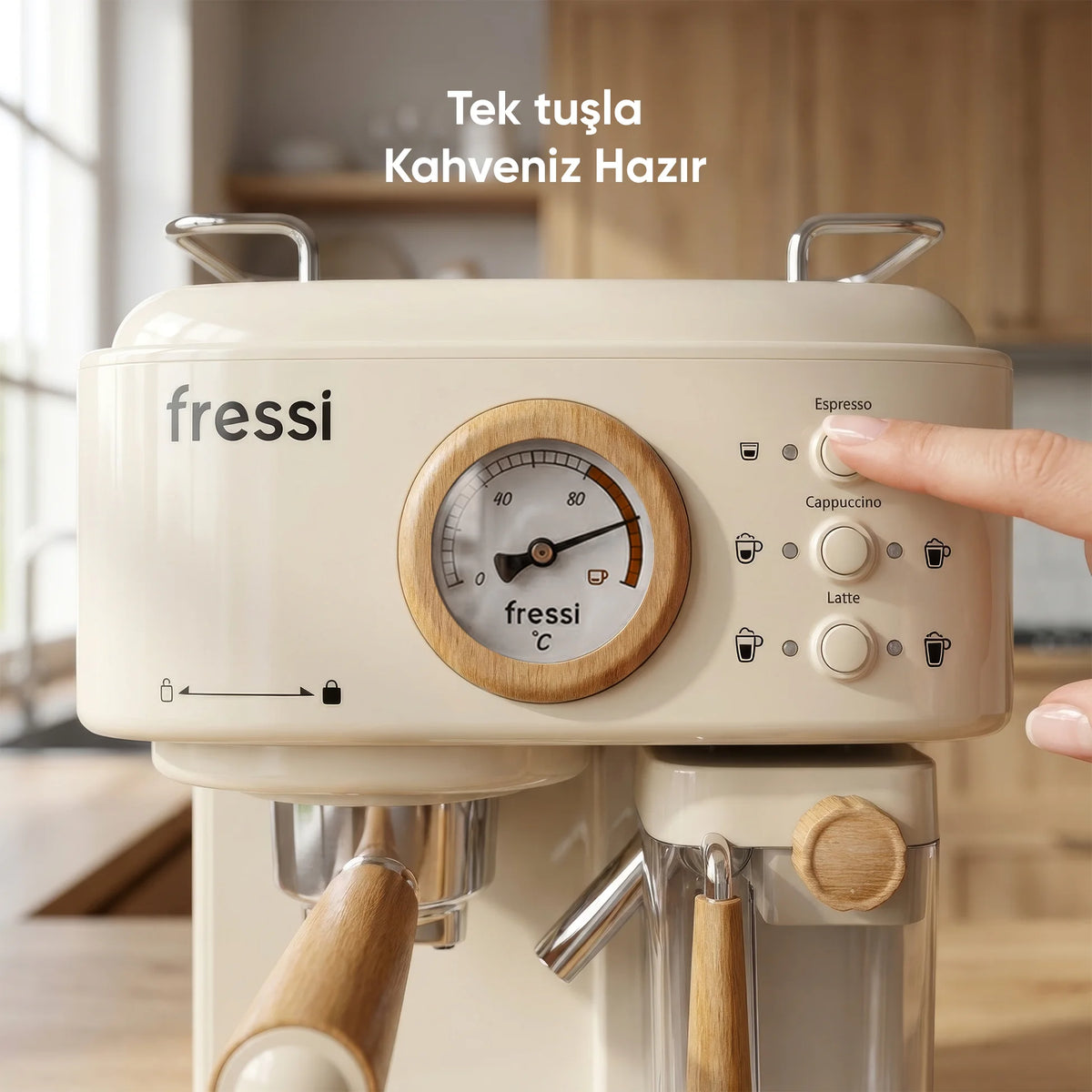 EM-411 Retro Mavera Ahşap Detaylı 20 Bar Krem Espresso Makinesi