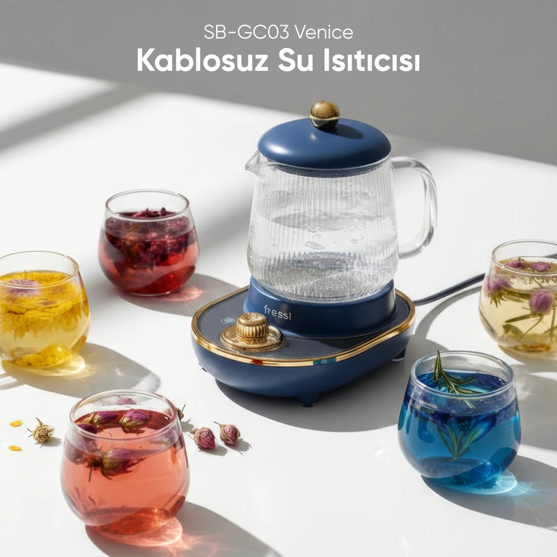 YSB-GC03 Venice 600ml Elektrikli Çok Fonksiyonlu Cam Su Isıtıcı Kettle Bitki Çayı Makinesi - Lacivert
