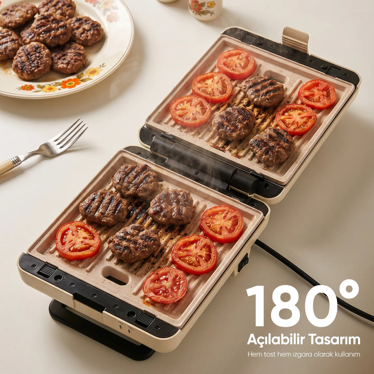 FR-TM26 Duobello Çıkarılabilir Plakalı 4 Dilim Tost Makinesi - Krem