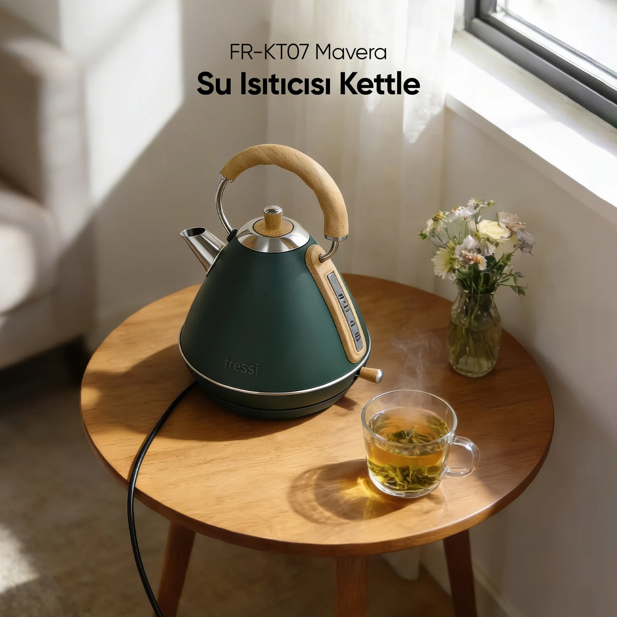 FR-KT07 Retro Mavera 1,7 Litre Ahşap Kulp Detaylı Kettle Su Isıtıcısı - Yeşil