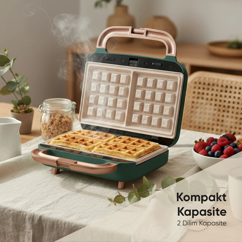 FR-TM51 Triochef Çıkarılabilir Yapışmaz Plakalı Ikili Waffle Ve Tost Makinesi - Yeşil