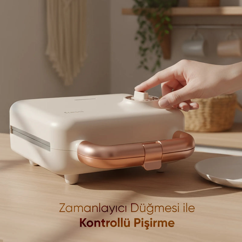 FR-TM51 Triochef Çıkarılabilir Yapışmaz Plakalı Ikili Waffle Ve Tost Makinesi - Krem