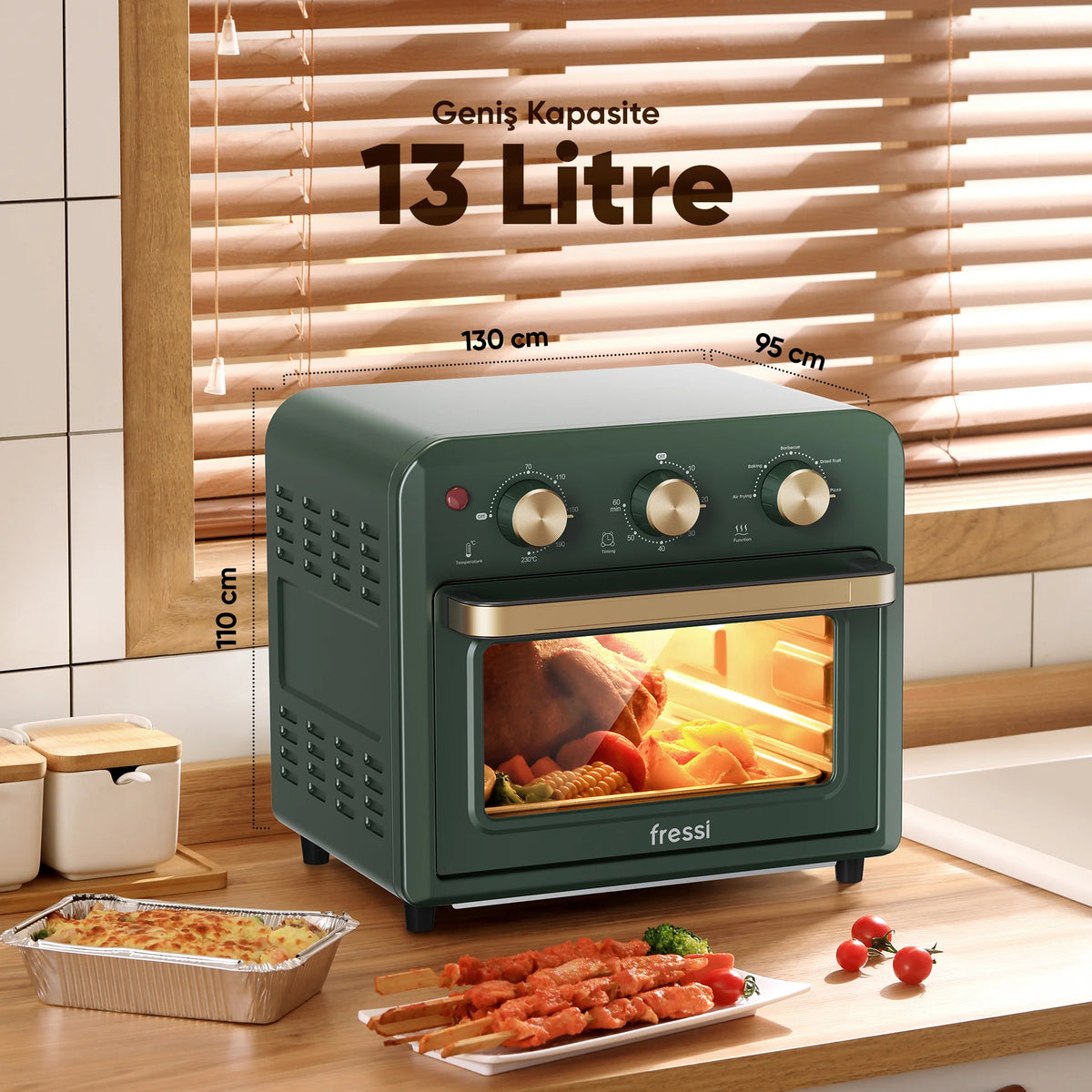 AF-01 Çok Fonksiyonlu Süre Ayarlamalı 13 Litre Xxxl Sıcak Hava Fritözü Akıllı Kore Fırını Airfryer - Yeşil