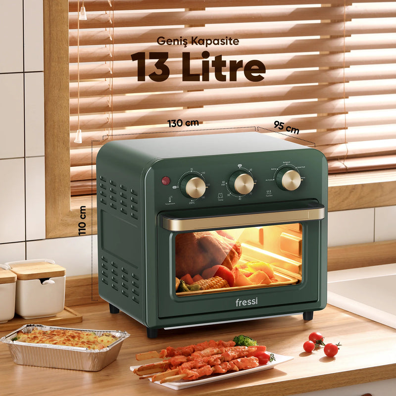 AF-01 Çok Fonksiyonlu Süre Ayarlamalı 13 Litre Xxxl Sıcak Hava Fritözü Akıllı Kore Fırını Airfryer - Yeşil
