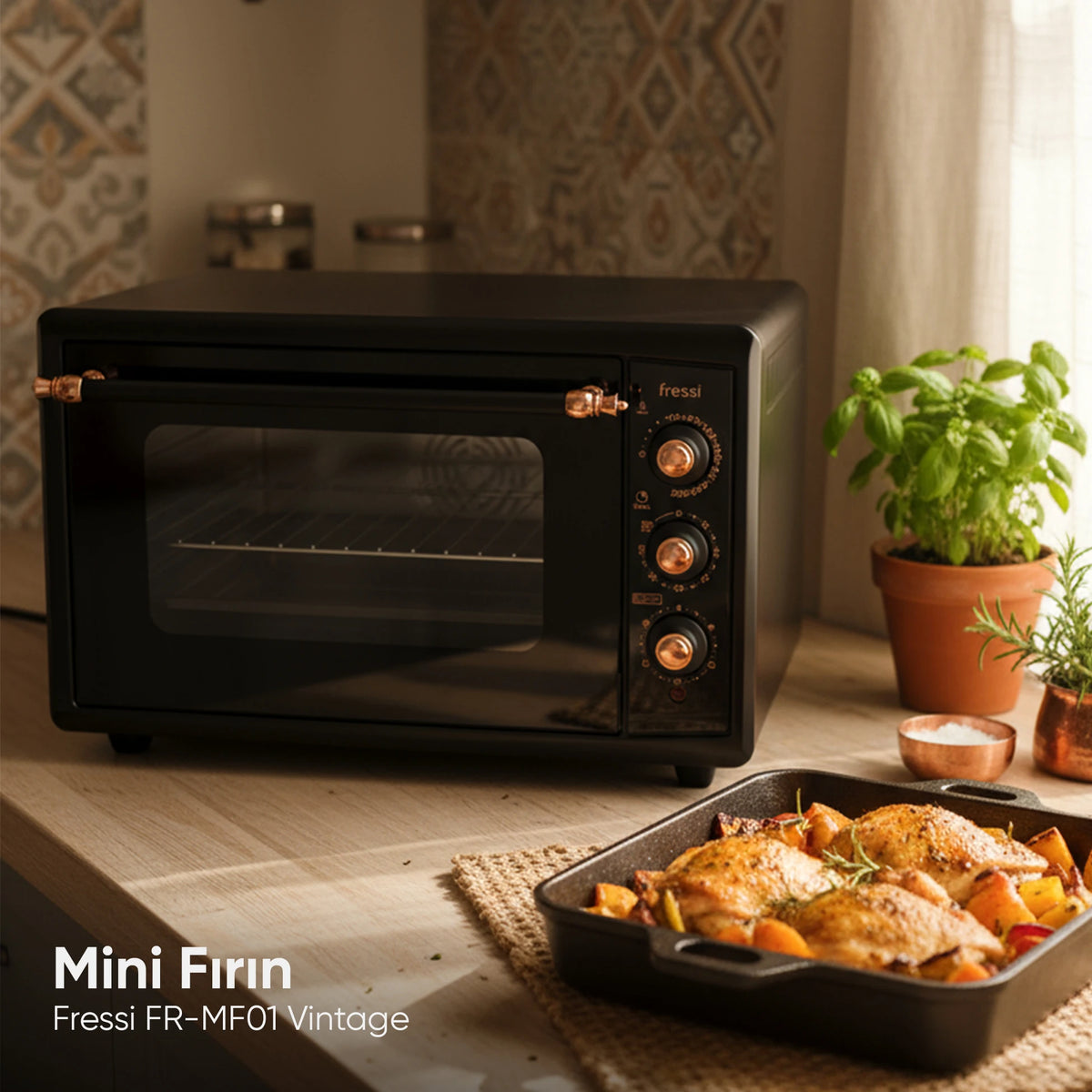 FR-MF01 Vintage Retro Turbo, Lambalı, Termostatlı, Saatli Midi Fırın