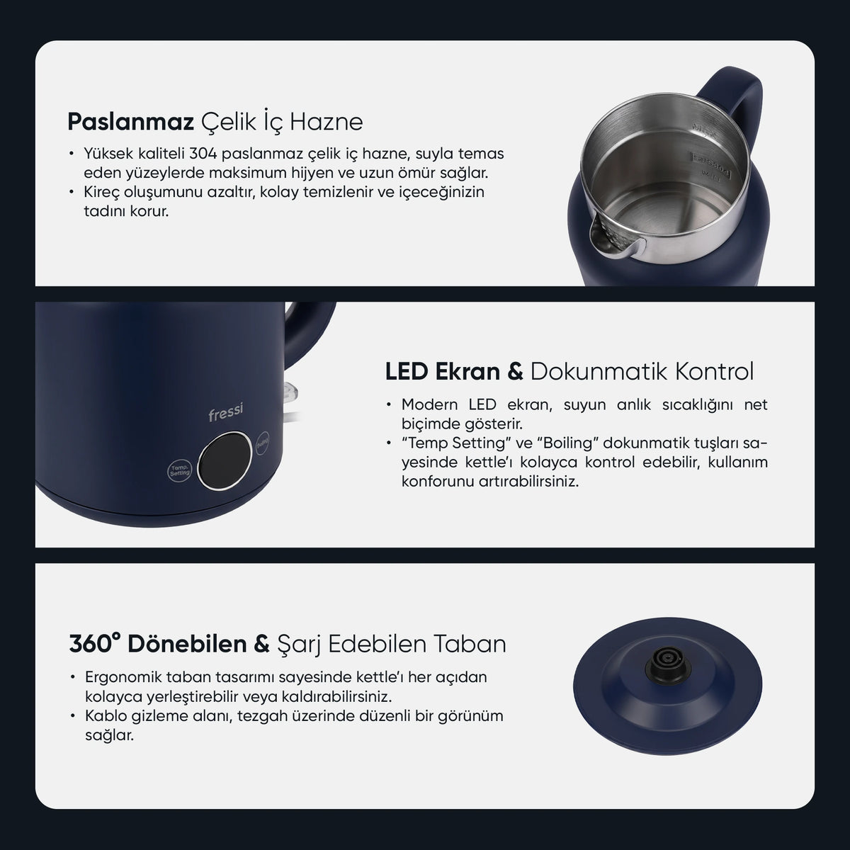 KT-01 Urban Elektrikli Su Isıtıcı Kettle 1.5 L Çelik Hazne