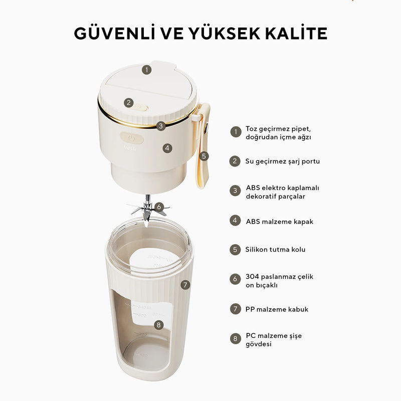 FR-BL0318 Taşınabilir Şarjlı 80 W 350ml Öğütücü Fonksiyonlu Krem Kişisel Smoothie Blender