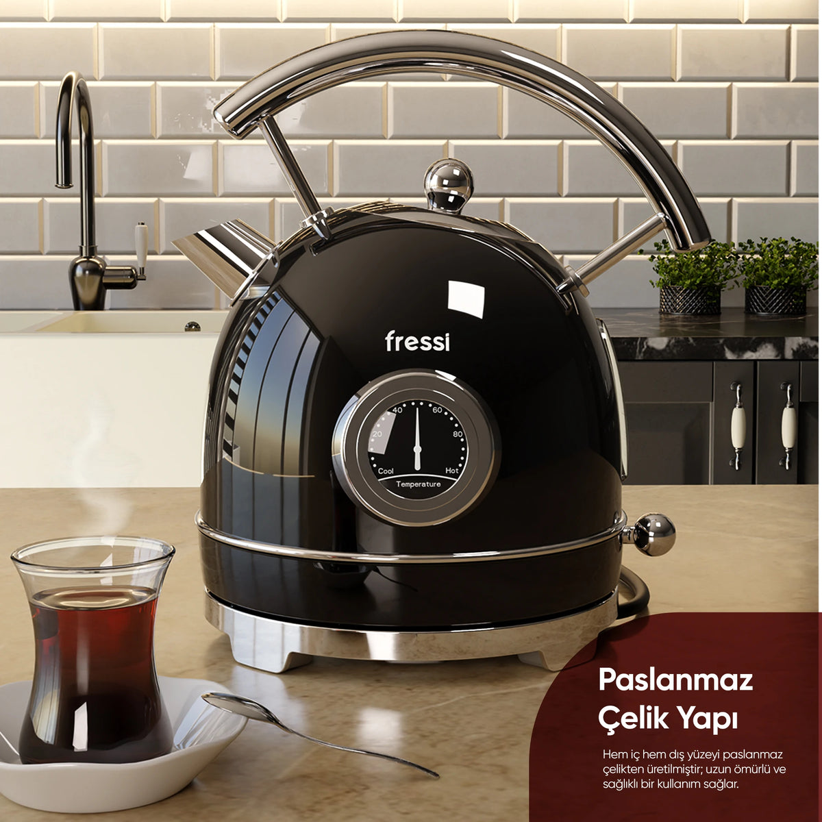 FR-KT06 Magnoli 1,8L Isı Göstergeli Kettle Su Isıtıcısı - Siyah
