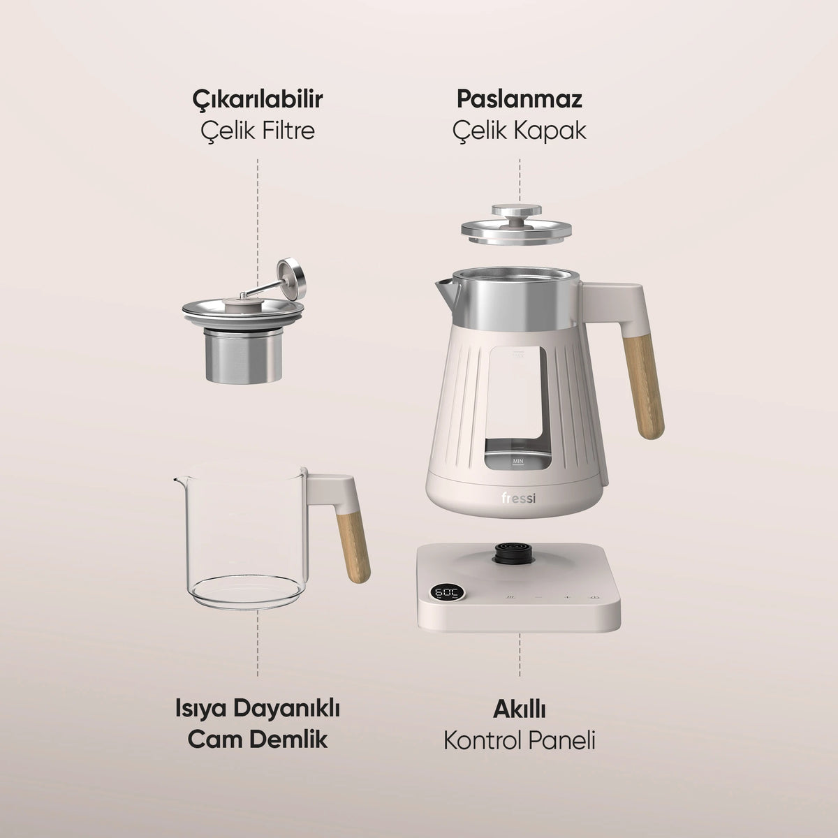 FR-CM17 Theora Dijital Standlı Cam Krem Çay Makinesi - Krem